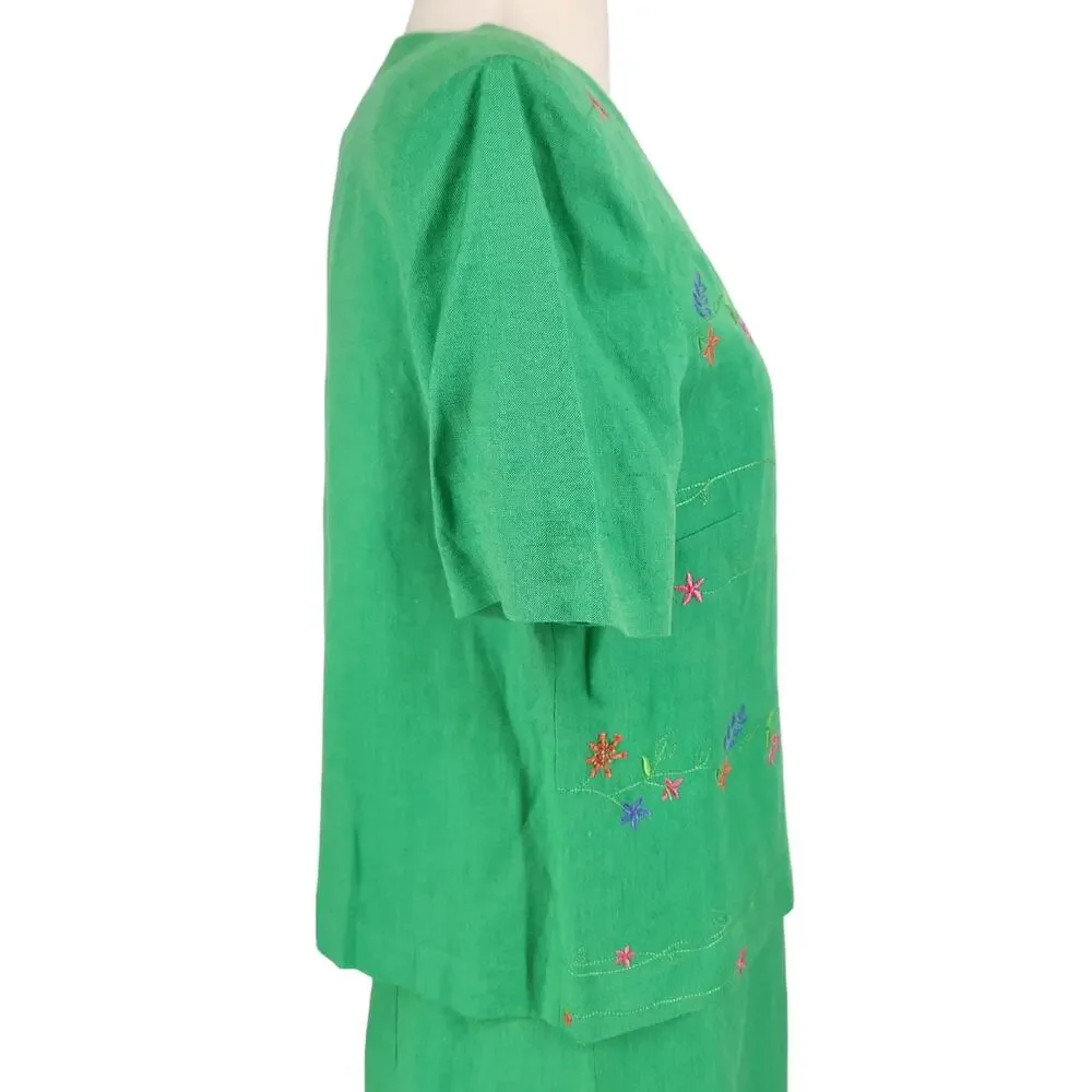 Vintage 2 Piece Linen Blend Column Maxi Dress And Floral Embroidered Jacket